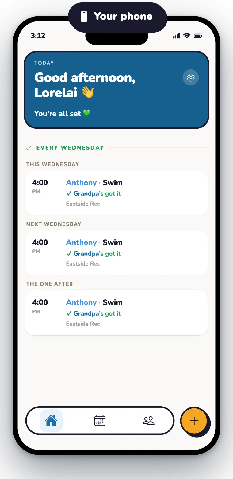 The Nuggget app on a parent's phone: every Wednesday swim for Anthony shows Grandpa's got it, three weeks ahead, and You're all set.